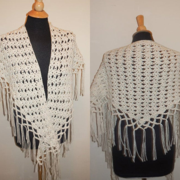 Crochet Shawl Long Fringe Scarf Triangle Handmade - Picture 1 of 7